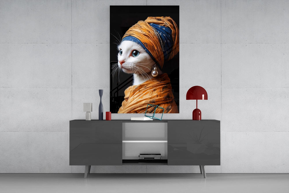Cat art history cinematic glass wall art in light-filled atelier