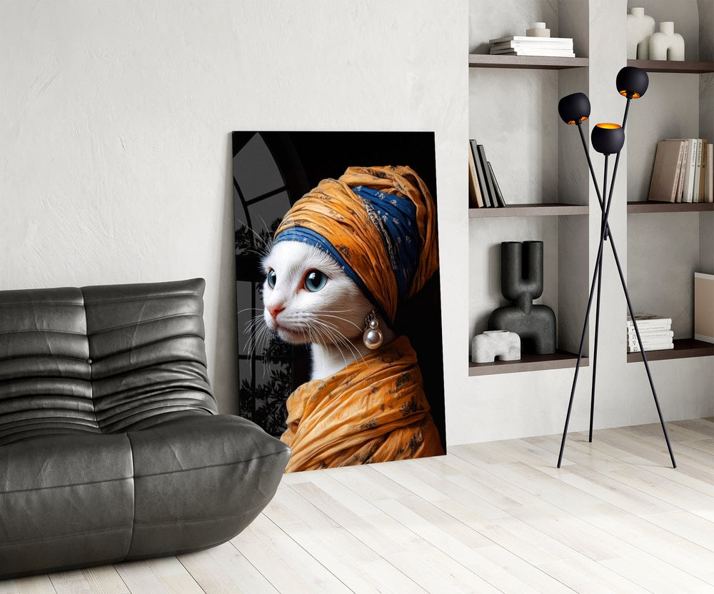 Pearl-drop cat cinematic glass wall art over modern dining sideboard