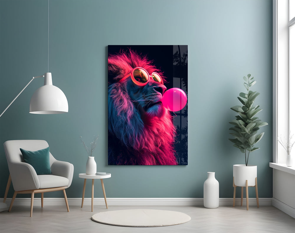 Magenta mane lion cinematic glass wall art in streetwear-boutique entry