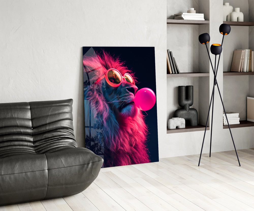 Pink-shades lion cinematic glass wall art over modern bar console