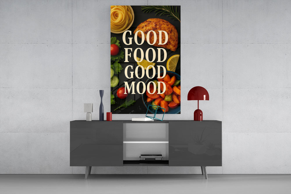 Food-pop poster cinematic glass wall art in light-filled atelier