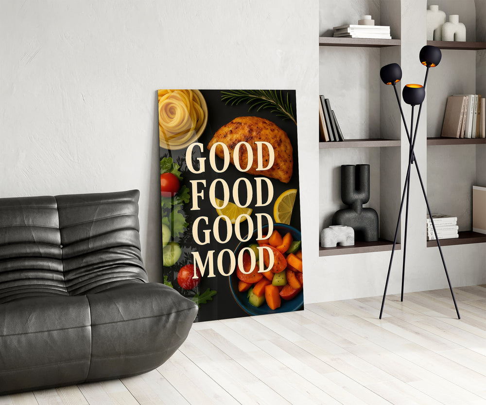 Bistro-cheer typography cinematic glass wall art over modern dining sideboard