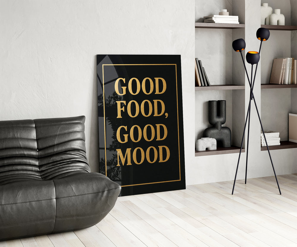 Gold-leaf foil cinematic glass wall art over modern dining sideboard
