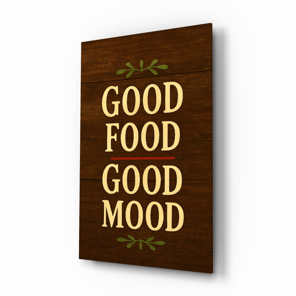 Good Food Good Mood walnut cinematic glass wall art over walnut console in designer kitchen