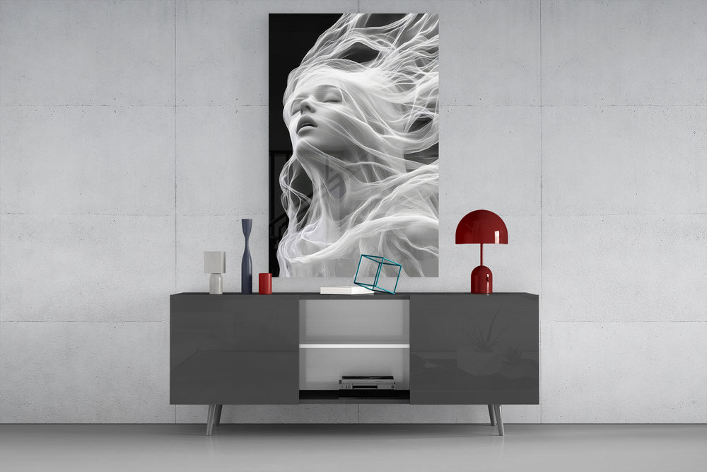 Soul-ascending cinematic glass wall art in light-filled atelier