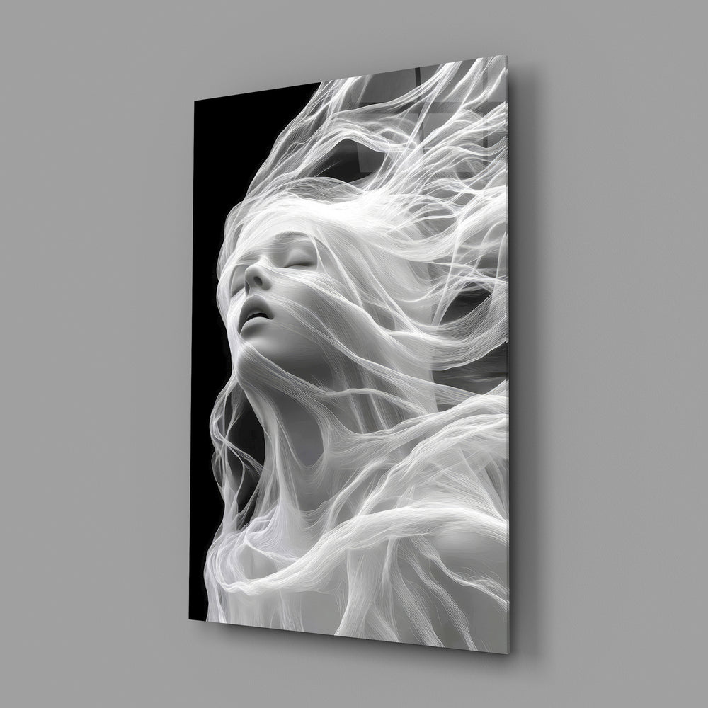 Symbolist ethereal cinematic glass wall art in feminine-luxe boudoir
