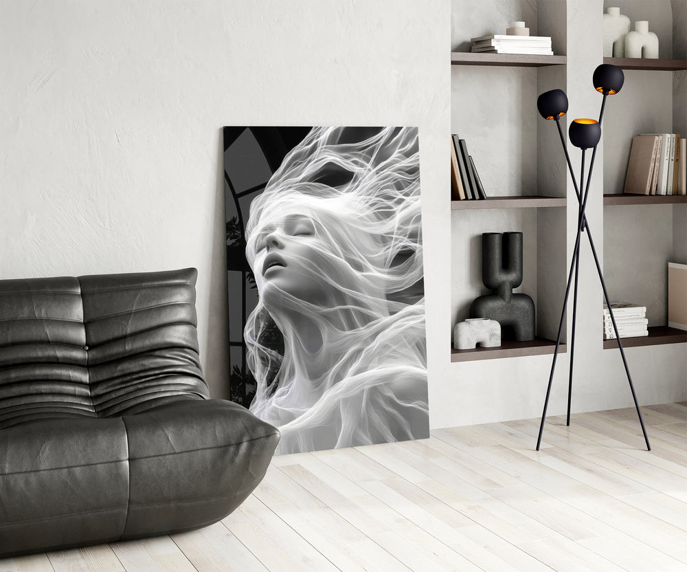 Wispy hair muse cinematic glass wall art over modern dining sideboard