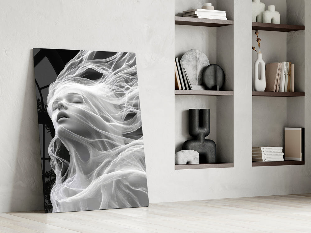 Digital-fantasy muse cinematic glass wall art in private library reading nook