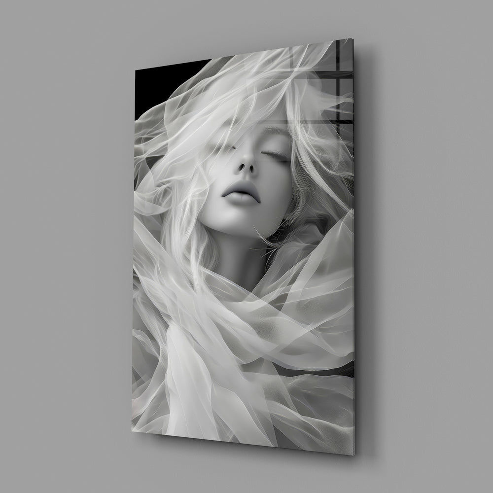 Symbolist ethereal cinematic glass wall art in feminine-luxe boudoir