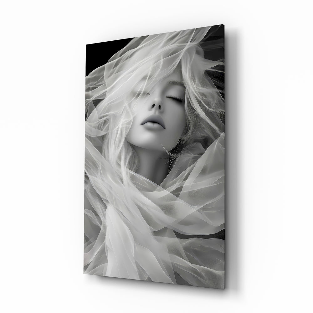 Tulle veil bridal muse cinematic glass wall art over walnut console in designer wedding venue suite