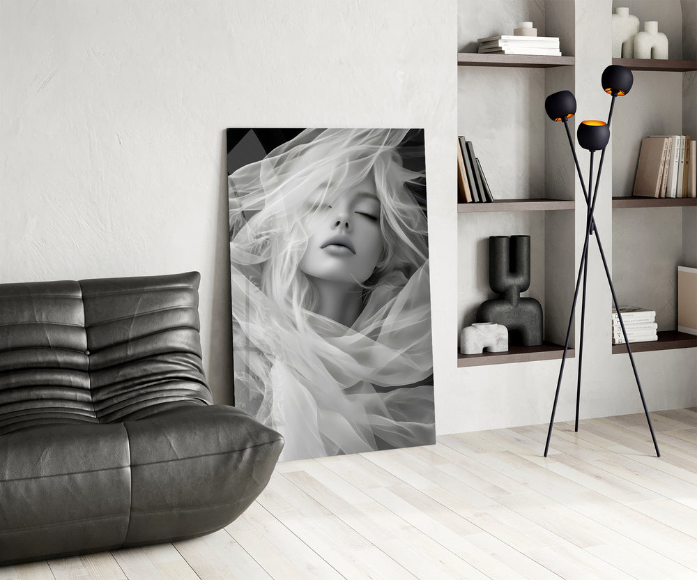 Platinum-hair muse cinematic glass wall art over modern dining sideboard