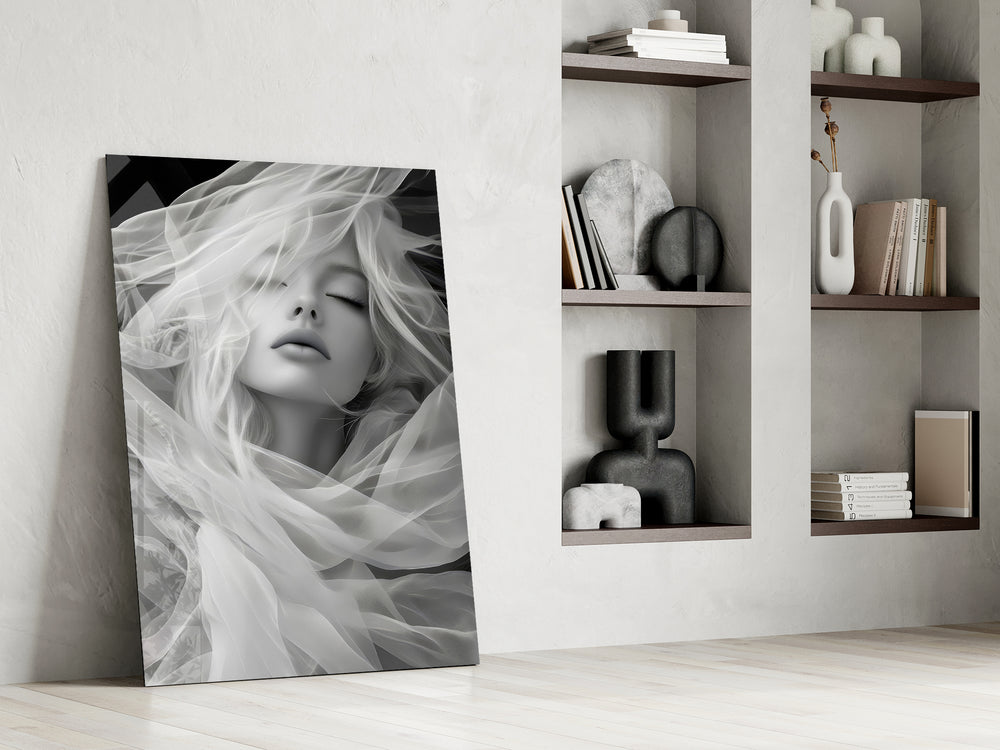 Veiled-portrait cinematic glass wall art in private library reading nook