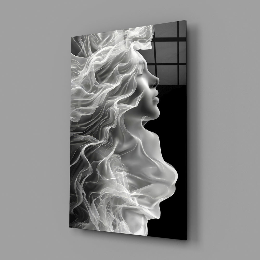 Symbolist ethereal cinematic glass wall art in feminine-luxe boudoir