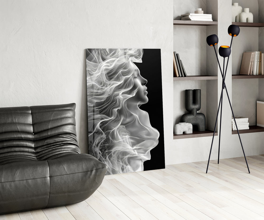 Smoke-ribbon hair cinematic glass wall art over modern dining sideboard