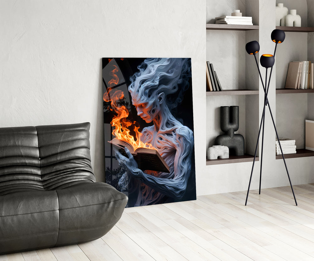 Smoke-and-fire cinematic glass wall art over modern dining sideboard