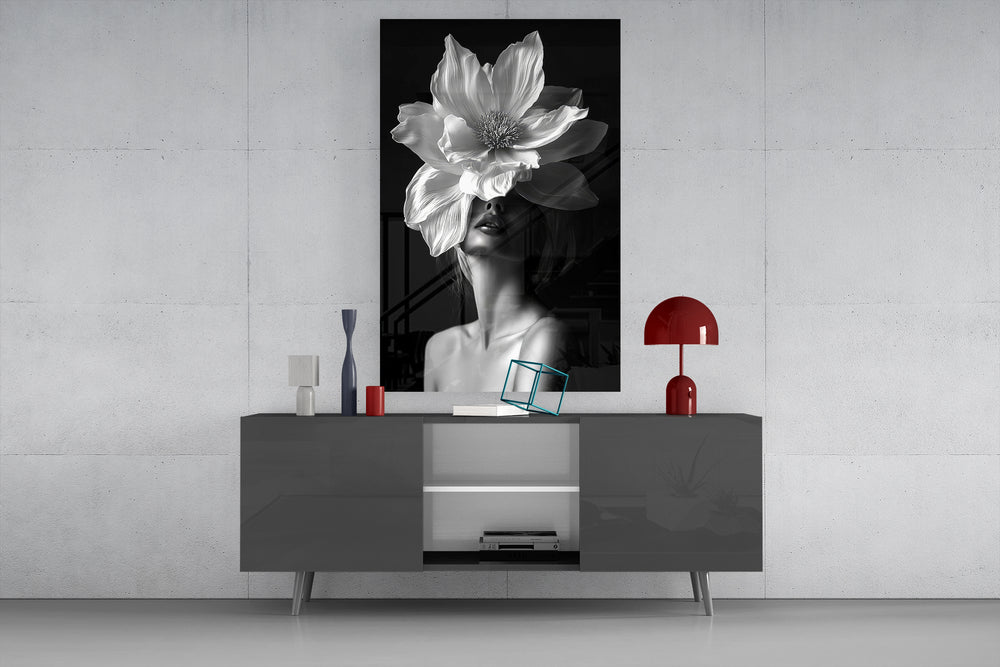 Surreal beauty cinematic glass wall art in light-filled atelier