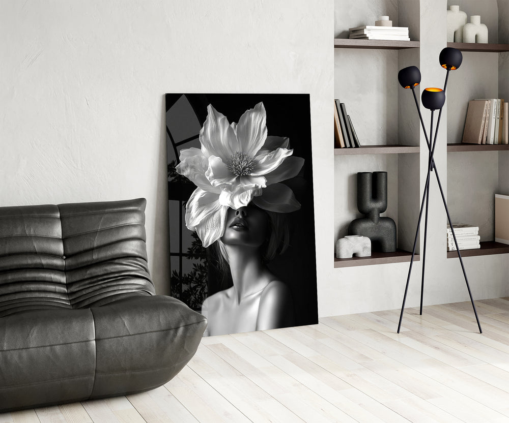 B&W flower-mask cinematic glass wall art over modern dining sideboard