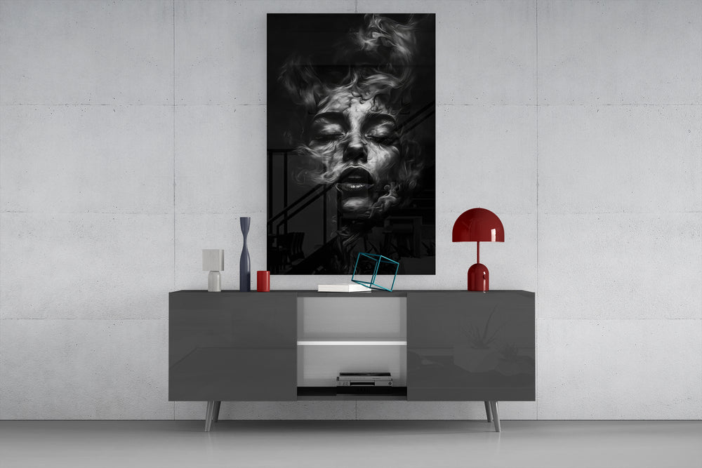 Funeral-solemnity cinematic glass wall art in masculine-luxe study