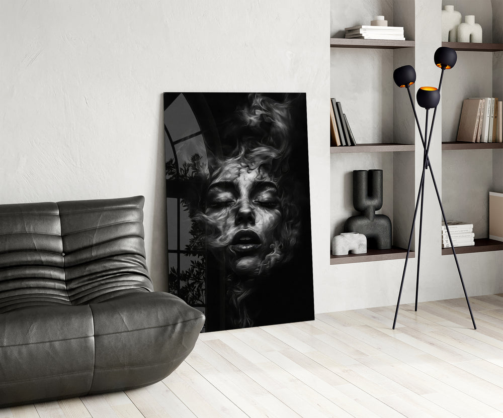 Brooding muse cinematic glass wall art over modern dining sideboard