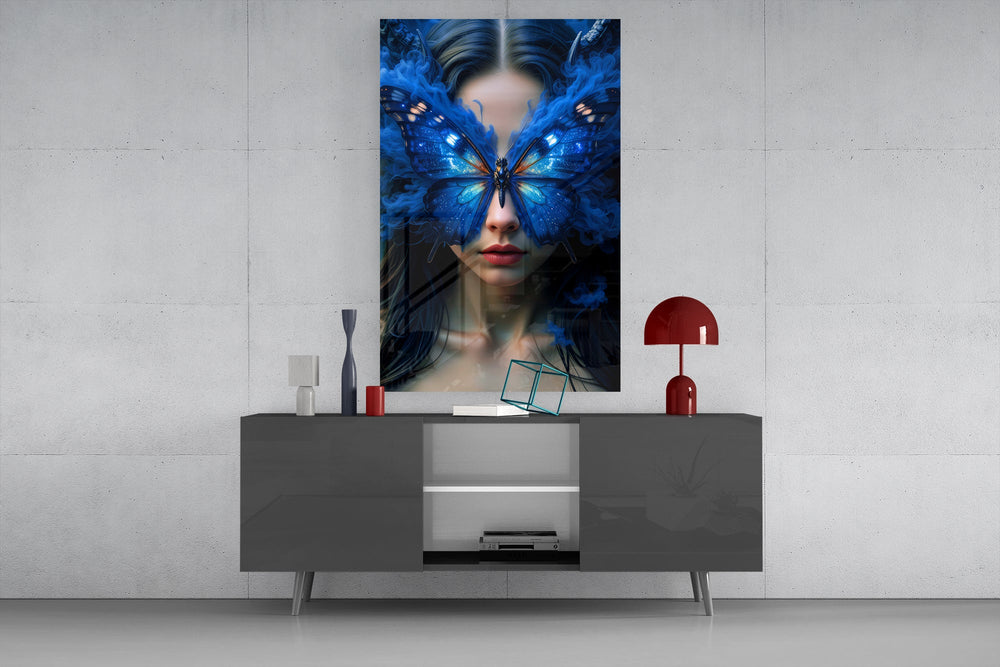 Crimson-lips fantasy cinematic glass wall art in light-filled atelier