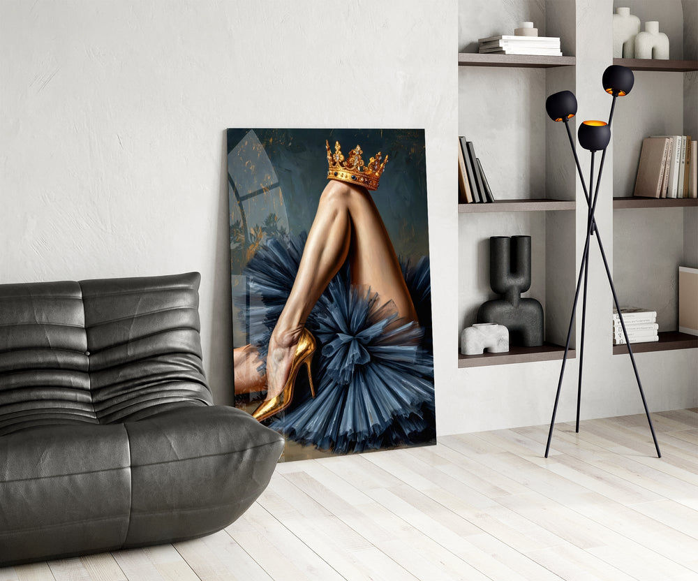 Headless ballerina cinematic glass wall art over modern dining sideboard