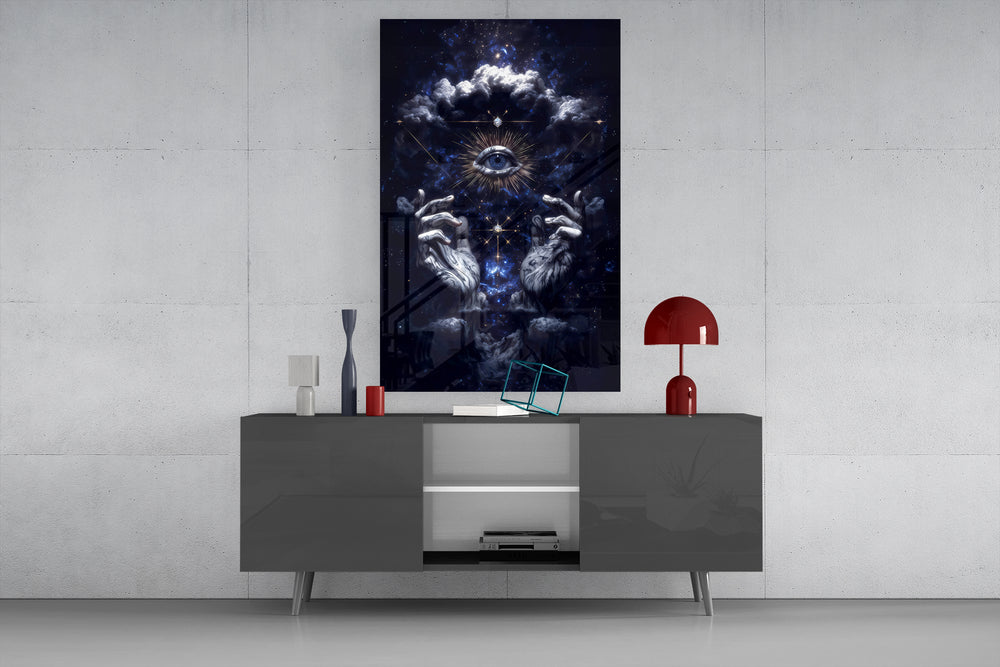 Mystic geometry cinematic glass wall art in light-filled atelier