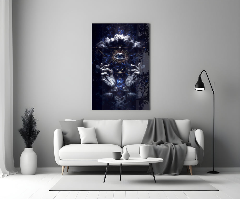 Tarot-card style cinematic glass wall art in heritage stairwell
