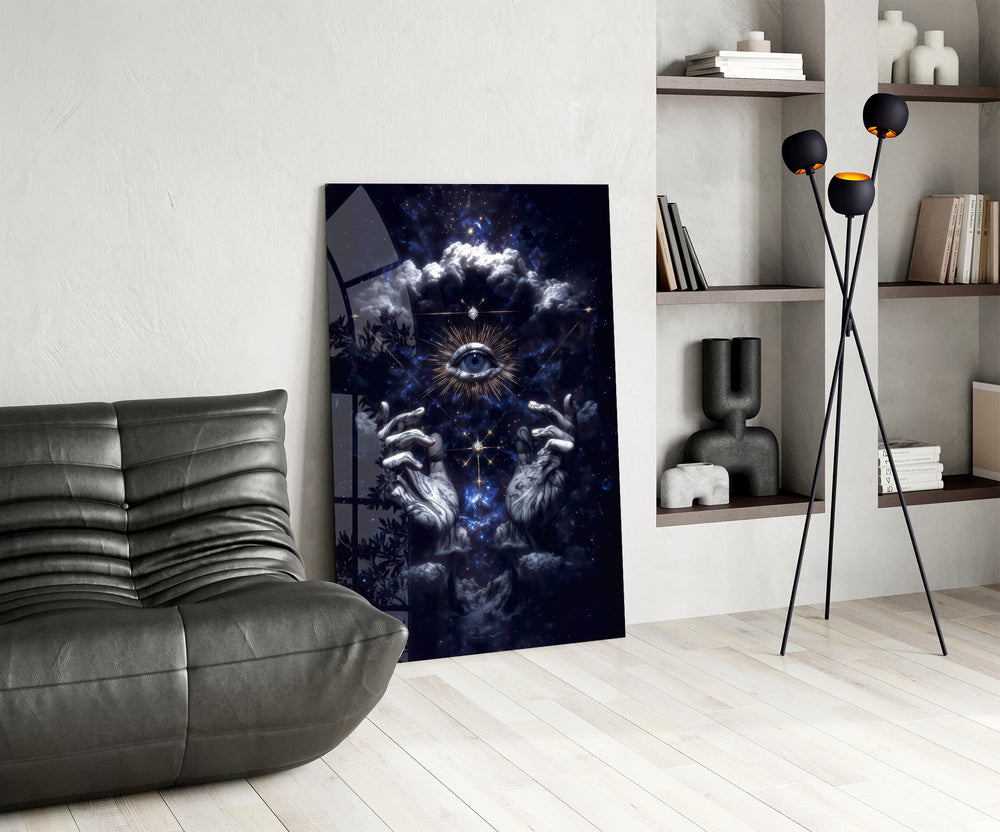 Aleister-Crowley style cinematic glass wall art over modern dining sideboard