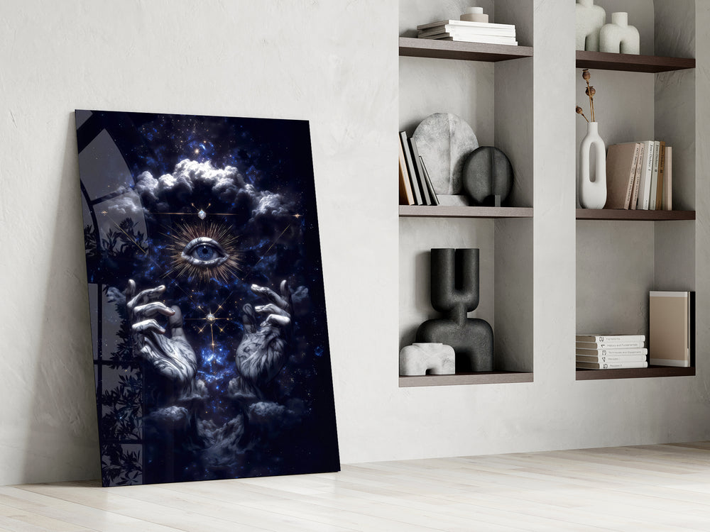 All-seeing eye cinematic glass wall art in private library reading nook