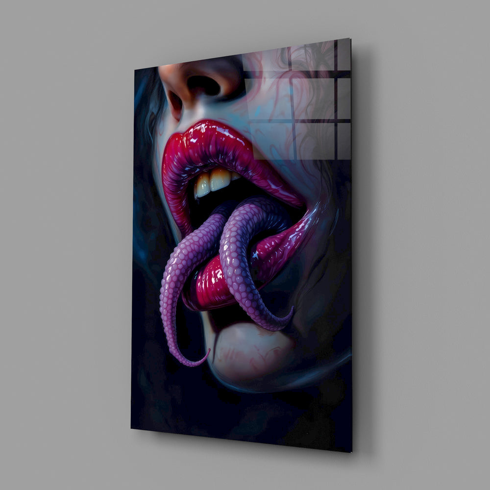 Surreal horror beauty cinematic glass wall art in tattoo-studio reception