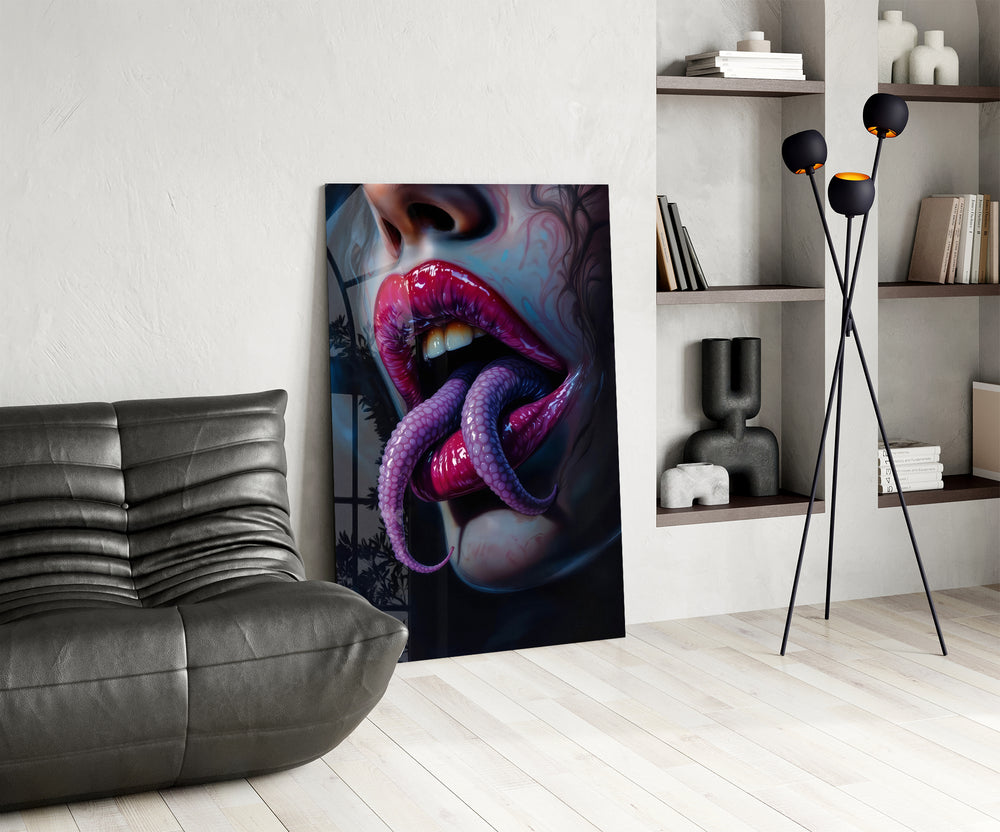 Scarlet-lips horror cinematic glass wall art over modern bar console