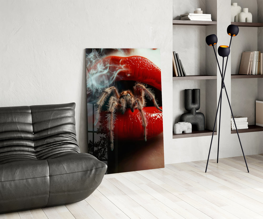 Vermilion-lips horror cinematic glass wall art over modern bar console