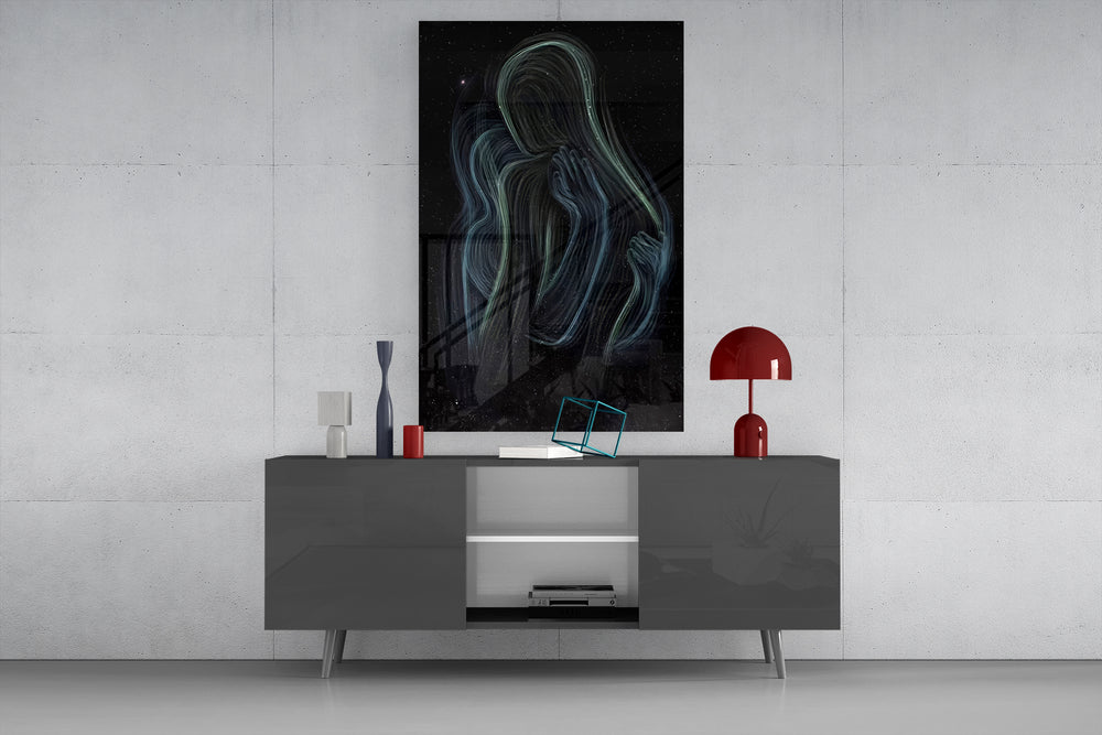 Star-flecked embrace cinematic glass wall art in light-filled atelier
