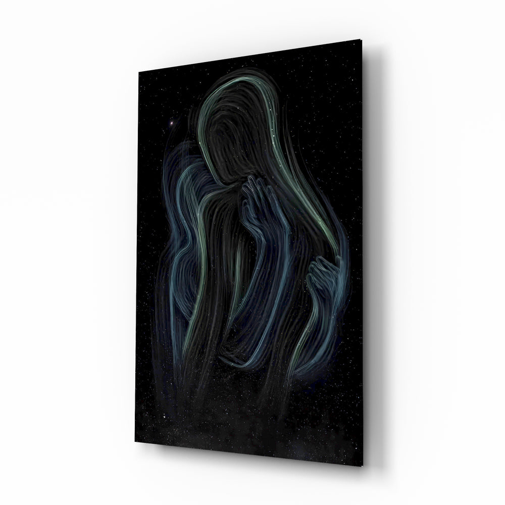 Cosmic mother embrace cinematic glass wall art over walnut console in designer wellness clinic