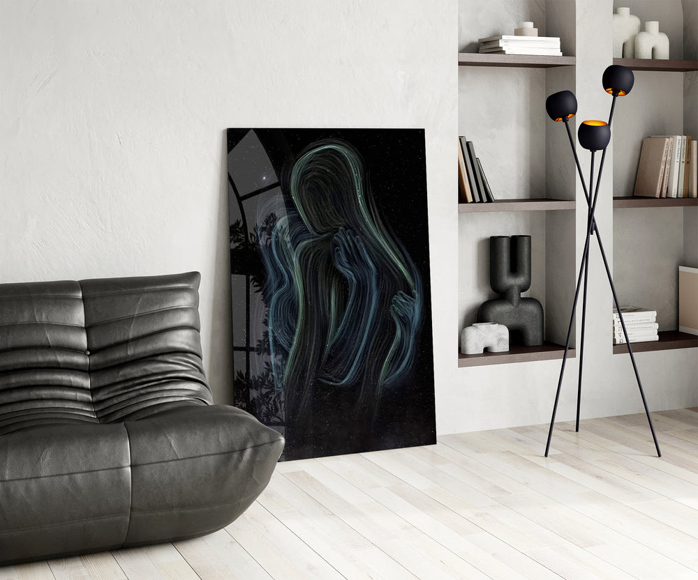 Spiritual illustration cinematic glass wall art over modern dining sideboard