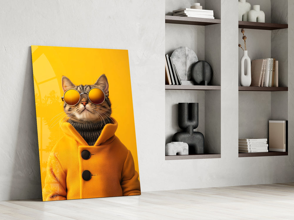 Anthropomorphic portrait cinematic glass wall art in private library reading nook