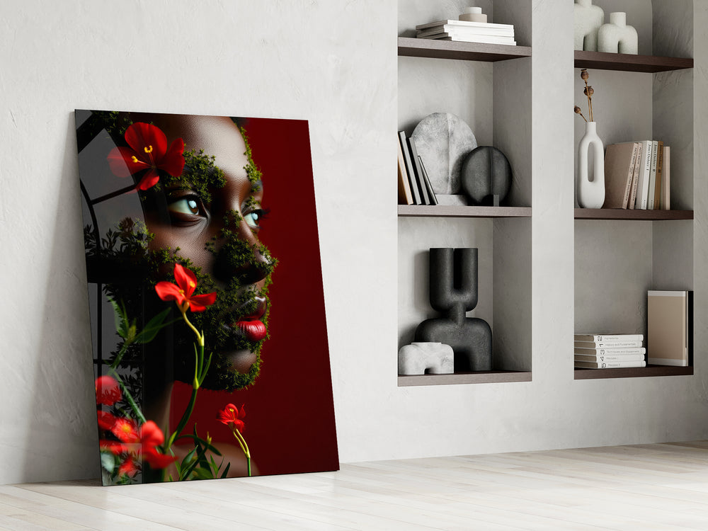 Symbolic portrait cinematic glass wall art in private library reading nook