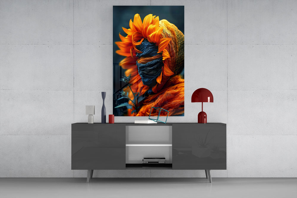 Graphic-poster surveillance cinematic glass wall art in masculine-luxe study