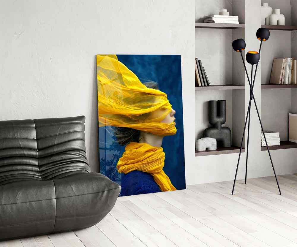 Editorial scarf cinematic glass wall art over modern dining sideboard