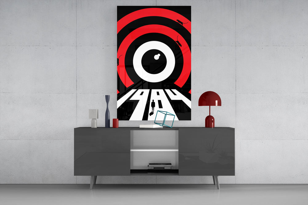 Surveillance eye cinematic glass wall art in masculine-luxe study