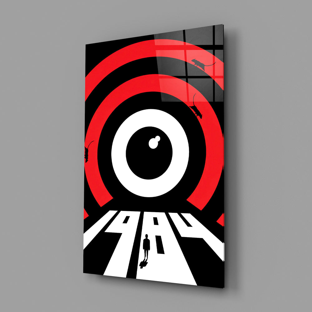 Orwellian graphic cinematic glass wall art in writer's-retreat study