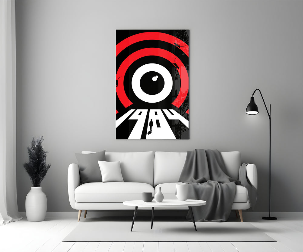 Saul-Bass style cinematic glass wall art in heritage stairwell