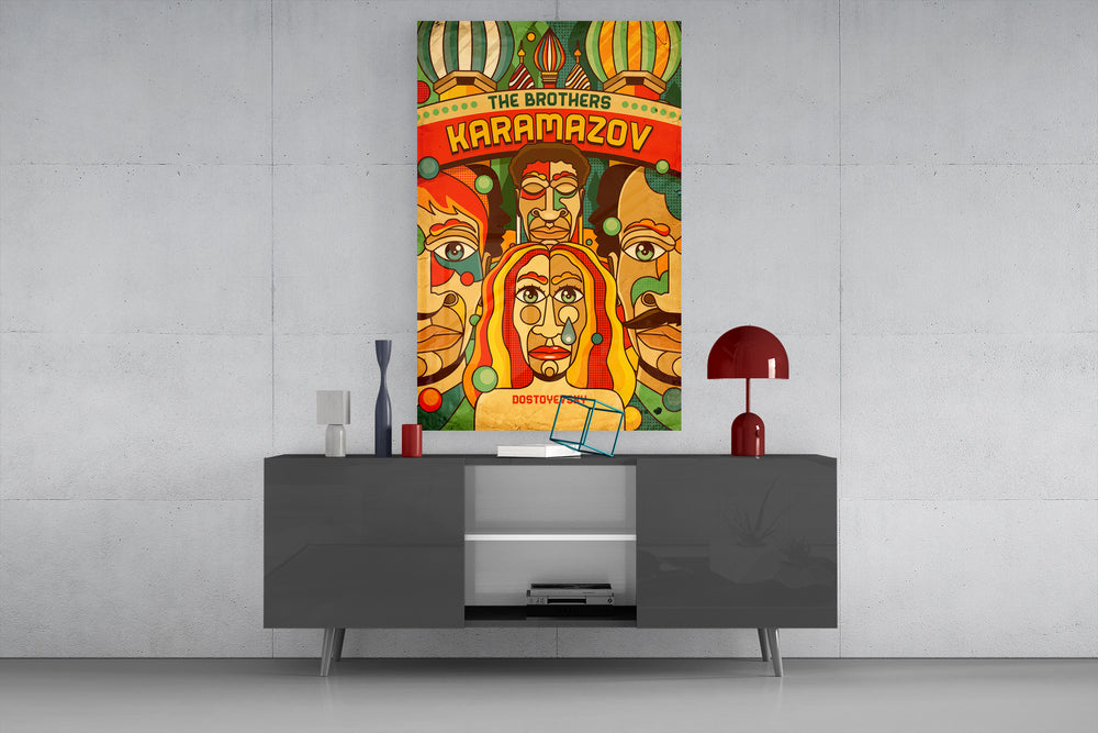 Mid-century pop cinematic glass wall art in masculine-luxe study