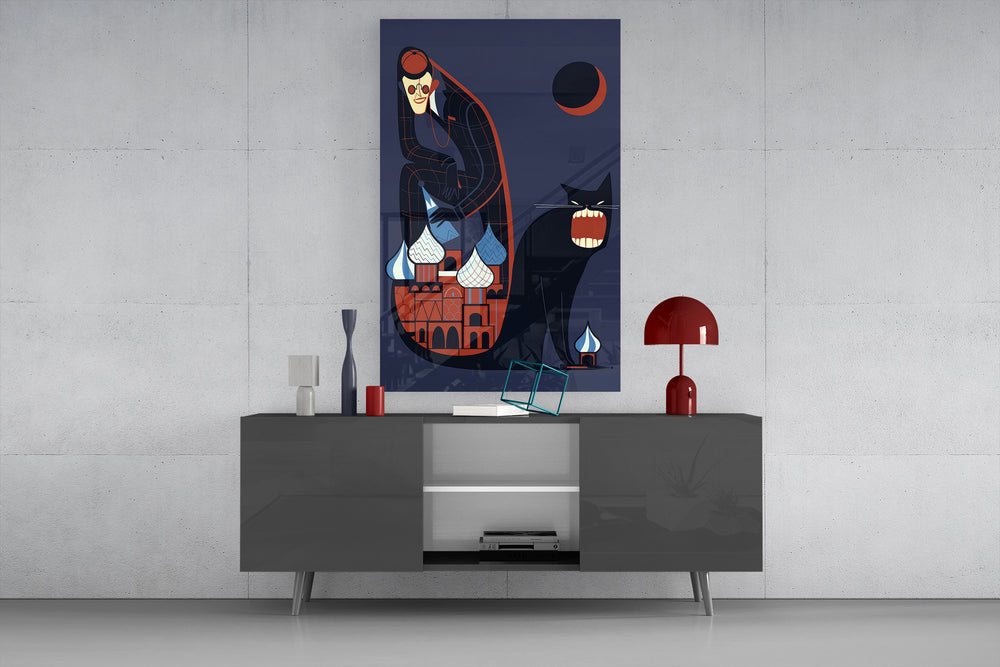Geometric pop cinematic glass wall art in masculine-luxe study