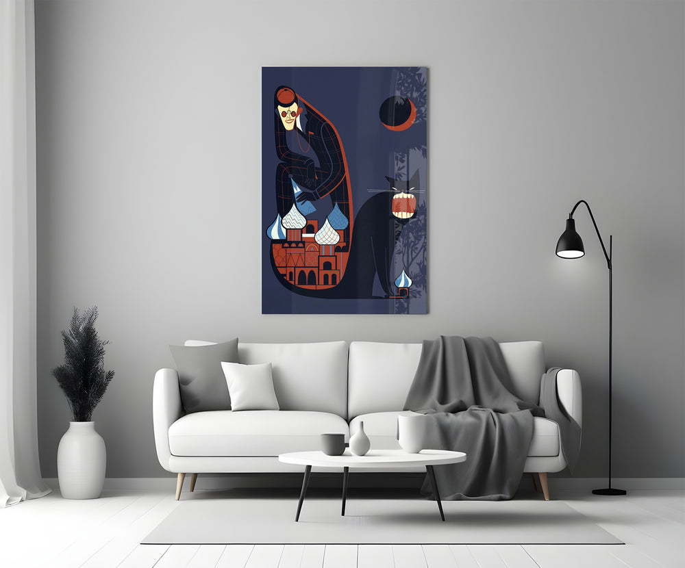 Modernist graphic cinematic glass wall art in heritage stairwell