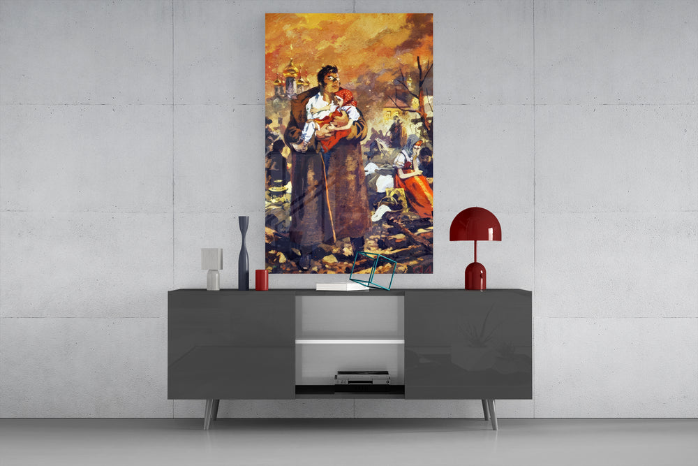 Family-tribute cinematic glass wall art in masculine-luxe study