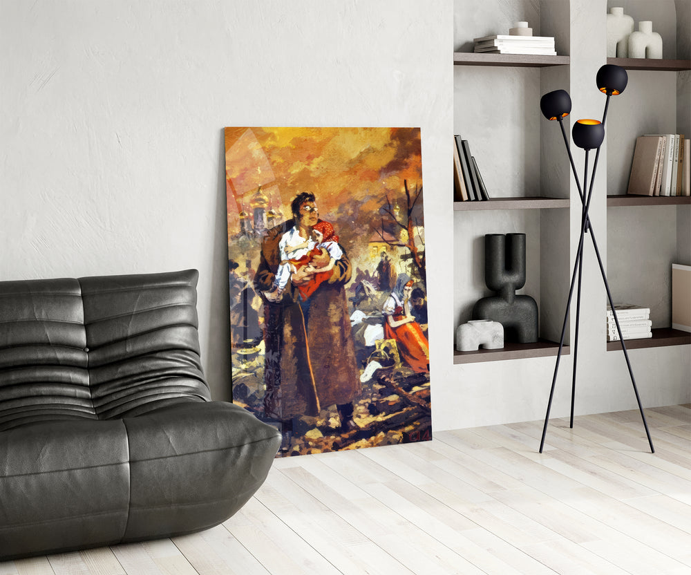 Burning church cinematic glass wall art over modern dining sideboard
