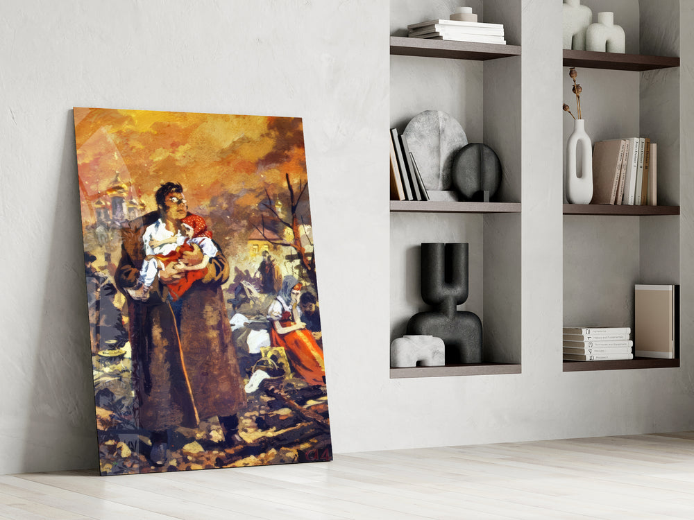 Historical painting cinematic glass wall art in private library reading nook