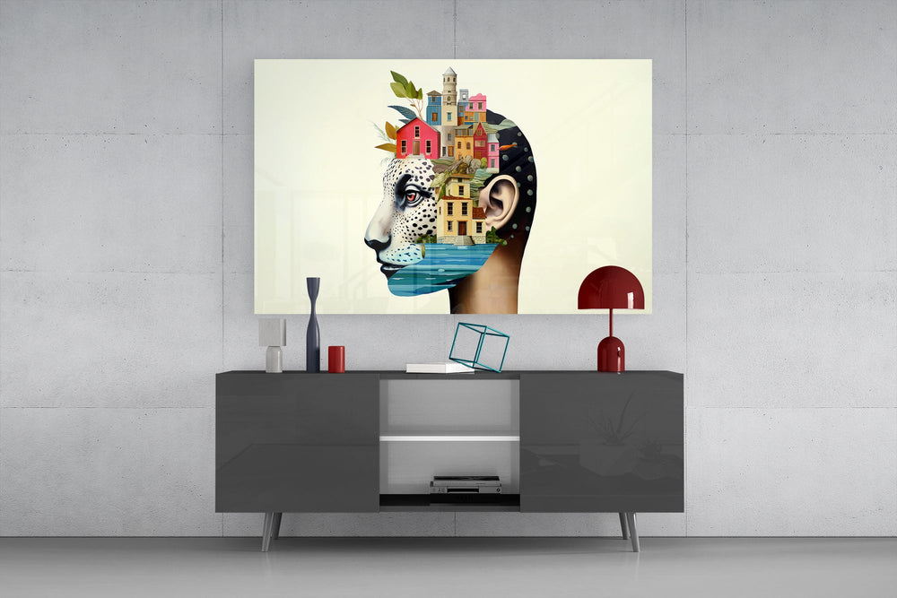 Magritte-style cinematic glass wall art in light-filled atelier