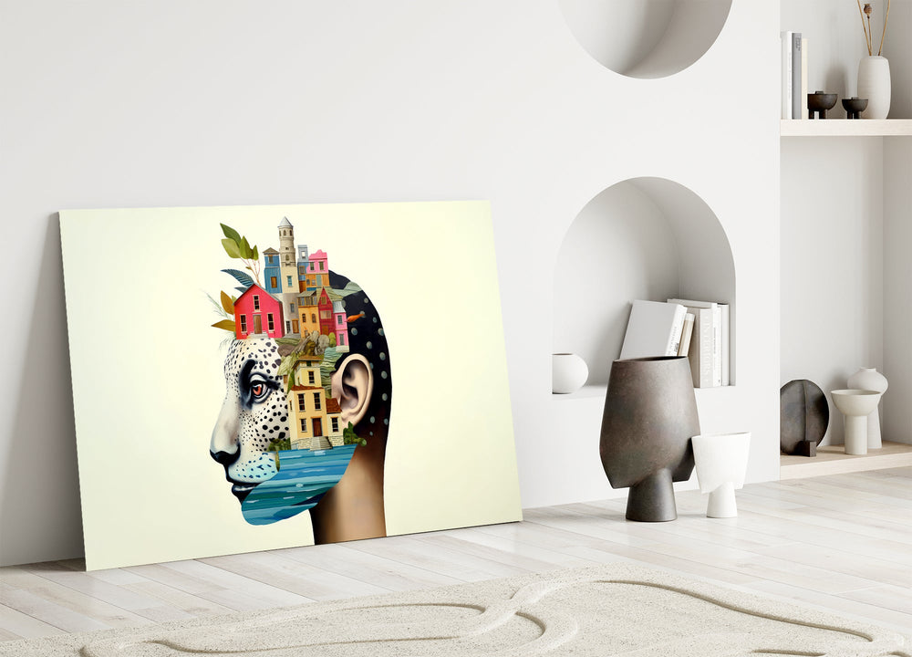 Surreal collage cinematic glass wall art in heritage stairwell